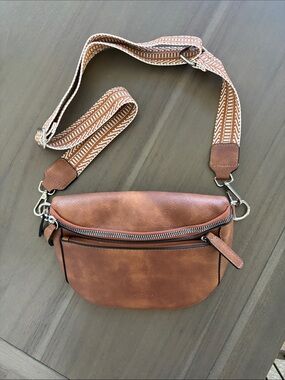 Amazon Brown Crossbody Belt Bag with Patterned Strap
